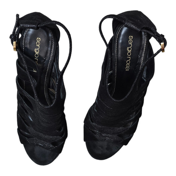 Sergio Rossi Caged Open Toe Sandal Bootie Heels Black Leather Designer 37 - Picture 7 of 9